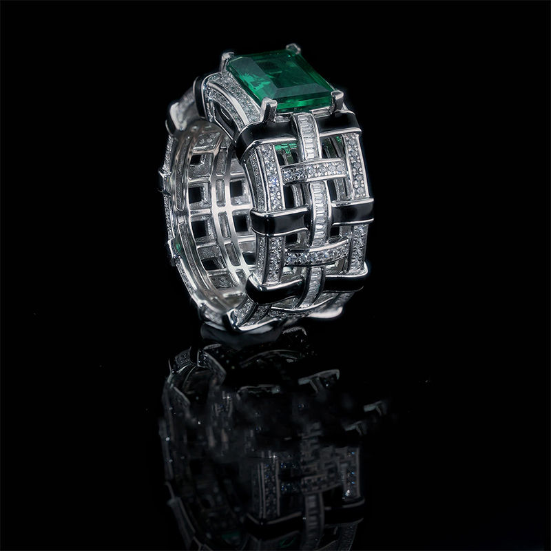 925 Sterling Silver Shiny Full Diamond Emerald Ring